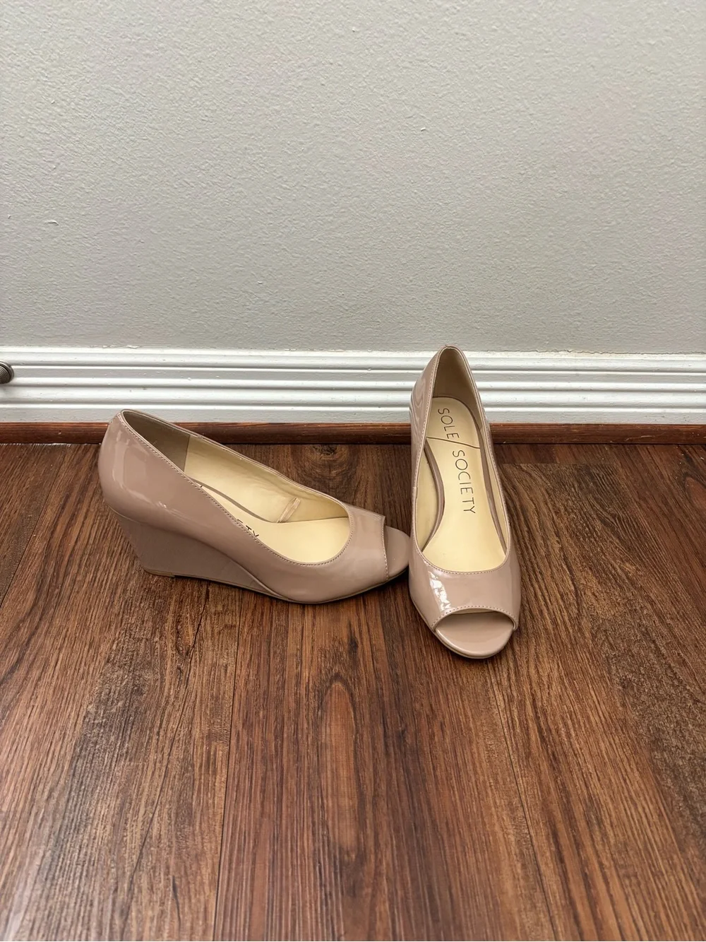Sole Society Nude Patent Peep-Toe Wedge Pumps